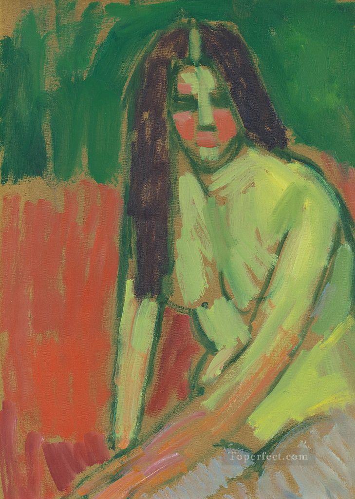腰をかがめて座る長い髪の半裸体 1910 年 アレクセイ・フォン・ヤウレンスキー 表現主義油絵